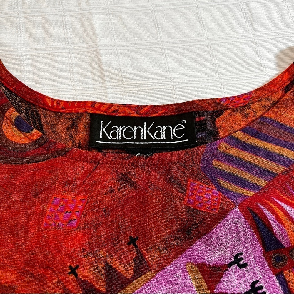 Vintage Karen Kane Multicolor Abstract Top Wearable Art Orange & Brown Statement - Picture 5 of 7